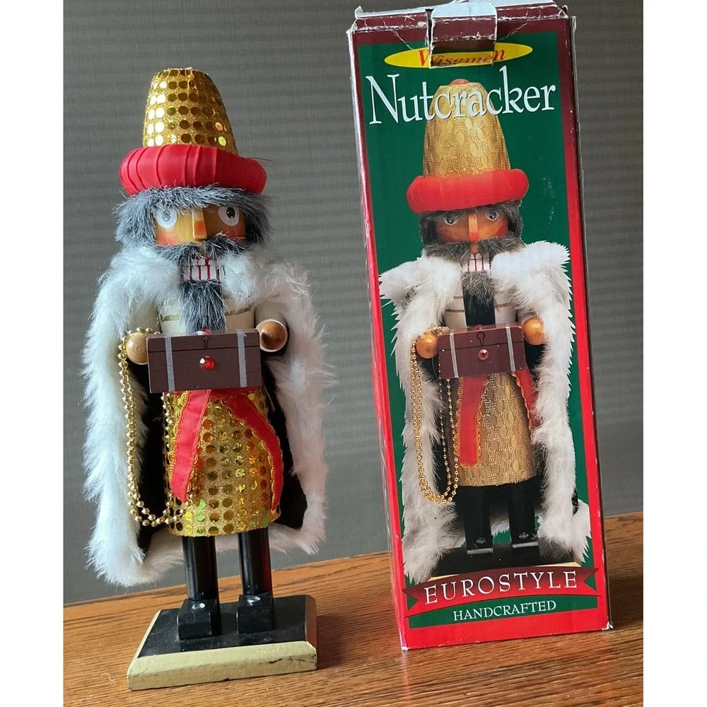 Vintage Wooden Nutcracker Wisemen Is Hand Painted & Holding Box W/Original Box